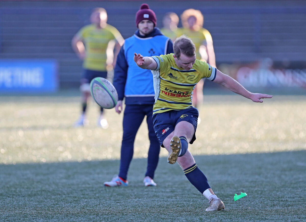  Tomas Quinlan, Dolphin, kicks to convert the first try against Old Crescent. Picture: Jim Coughlan.