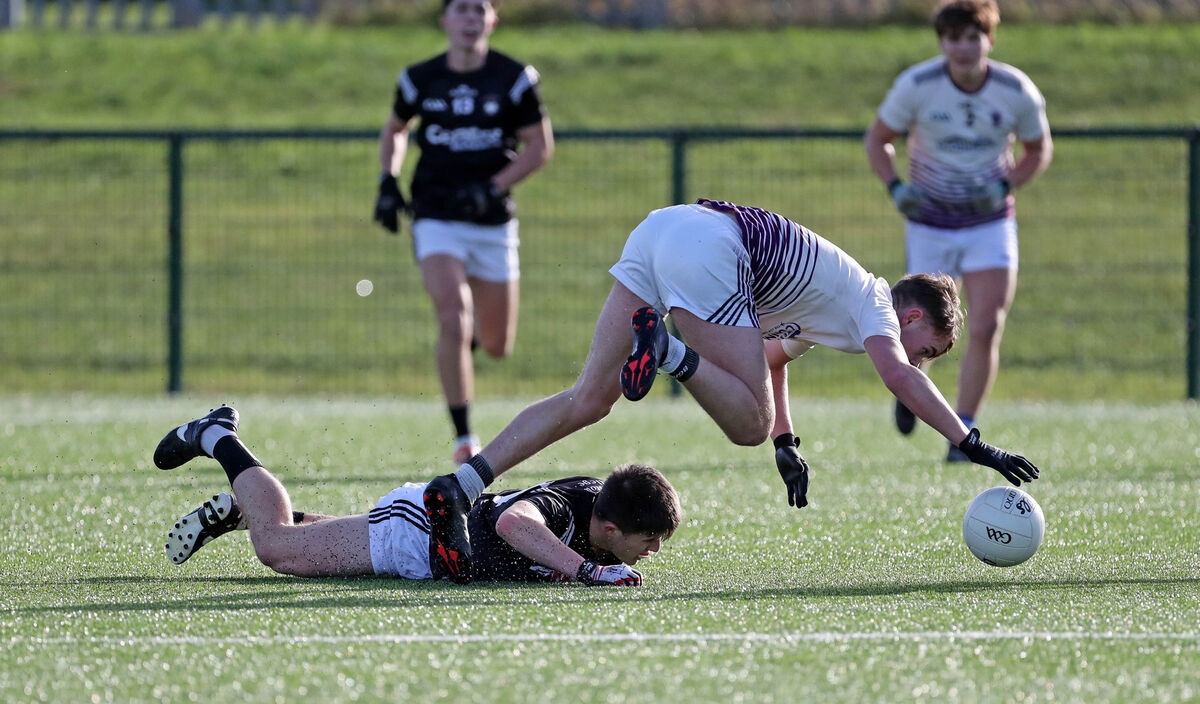  Bryan Hayes, St Francis College Rochestown, battling Joseph Bohane, Skibbereen Community School. Picture: Jim Coughlan.