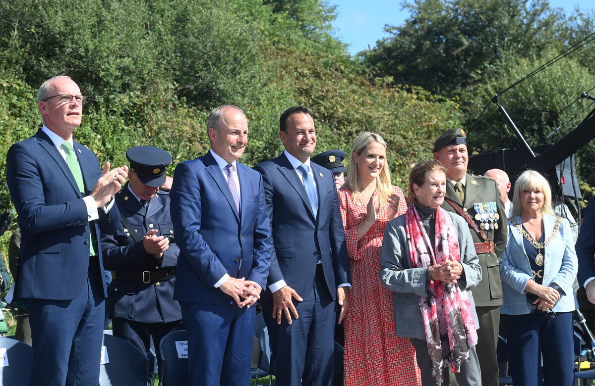  Minister Simon Coveney, Taoiseach Micheál Martin, leader of Fianna Fáil, Tanaiste Leo Varadkar, leader of Fine Gael and Minsiter Helen McEntee and Audrey Dalton, daughter of Emmet Dalton at the commemoration of the centenary of the death of Michael Collins. Picture: Larry Cummins