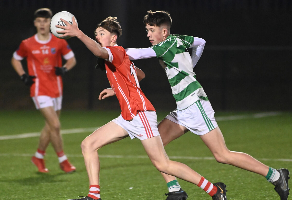 Beara's Eamon Jerh O'Sullivan gathers the ball from Valley Rovers' Sam Browne in the Rebel Óg U16 Premier 2 final. Picture: Eddie O'Hare