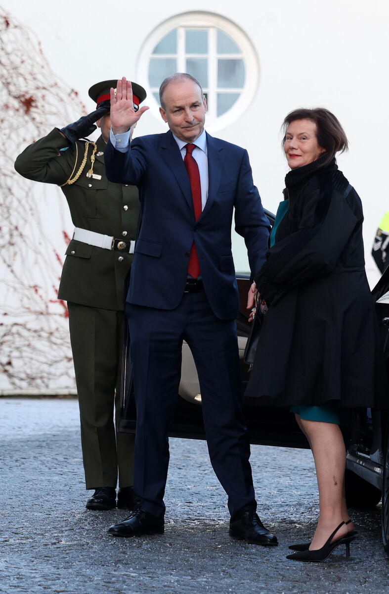  Taoiseach and Fianna Fáil leader Micheál Martin with his wife Mary waves to the media as he arrives at Aras an Uachtarain today to begin the changing of the government. Photo: Sam Boal/RollingNews.ie