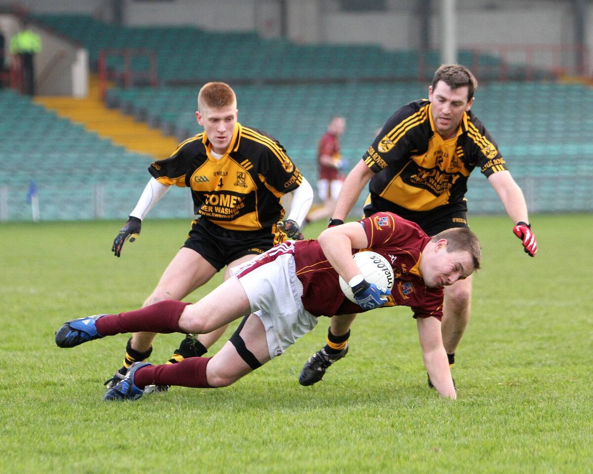Clyda Rovers' Gavin Carey and Chris Kenny pile the pressure on St Joseph's Seanie Malone when they won the Munster Intermediate title in 2013. Picture: Tony Grehan/Press 22