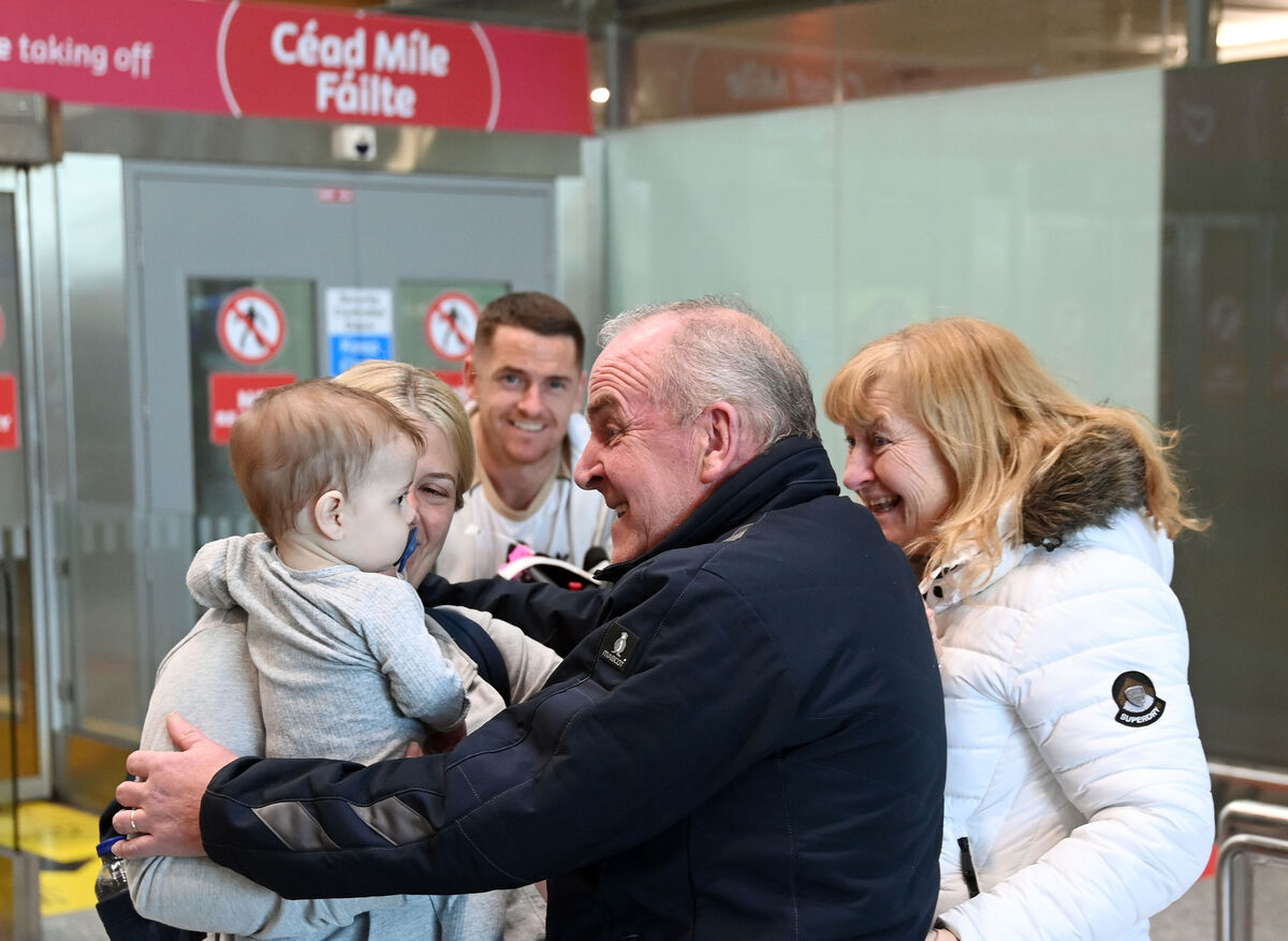 Declan and Kay O'Regan, Cork, greeting their son Robert with his wife Tessa and their son Zack who arrived at Cork Airport from Perth for Christmas. Picture Denis Minihane. Declan and Kay O'Regan, Cork, greeting their son Robert with his wife Tessa and their son Zack who arrived at Cork Airport from Perth for Christmas. Picture Denis Minihane.