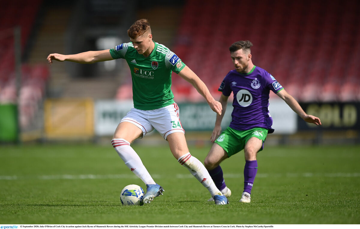 Jake O'Brien of Cork City in action against Jack Byrne of Shamrock Rovers in 2020. Picture: Stephen McCarthy/Sportsfile Jake O'Brien of Cork City in action against Jack Byrne of Shamrock Rovers in 2020. Picture: Stephen McCarthy/Sportsfile
