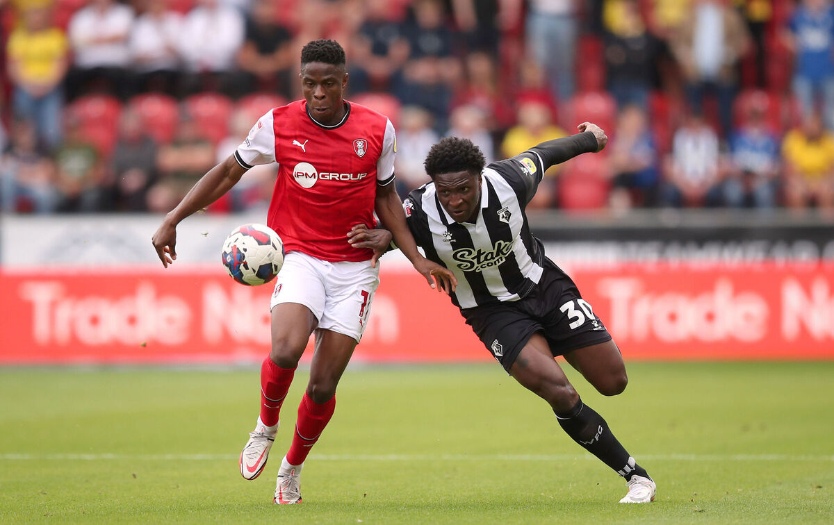 Rotherham United's Chiedozie Ogbene and Watford's Kortney Hause battle for the ball. Picture: Isaac Parkin/PA Wire. Rotherham United's Chiedozie Ogbene and Watford's Kortney Hause battle for the ball. Picture: Isaac Parkin/PA Wire.