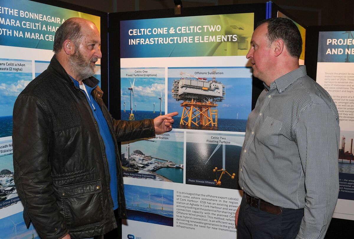 Michael McCormack, Cobh and Harbour Chamber, chatting with Brian Hegarty, ESB Offshore Wind Stakeholder manager, at the Celtic Offshore Wind project public consultation event, at the Commodore Hotel, Cobh. Picture: David Keane. Michael McCormack, Cobh and Harbour Chamber, chatting with Brian Hegarty, ESB Offshore Wind Stakeholder manager, at the Celtic Offshore Wind project public consultation event, at the Commodore Hotel, Cobh. Picture: David Keane.