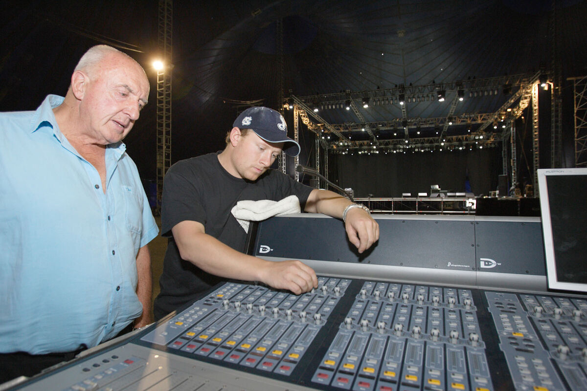 Pictured in 2007: Kenny Lee, Aiken Promotions; and Sam Beshoff, Soul Rebel Stage Crew, checking the sound system was ready for the Live at the Marquee series. Picture: Neil Danton / News Digital 