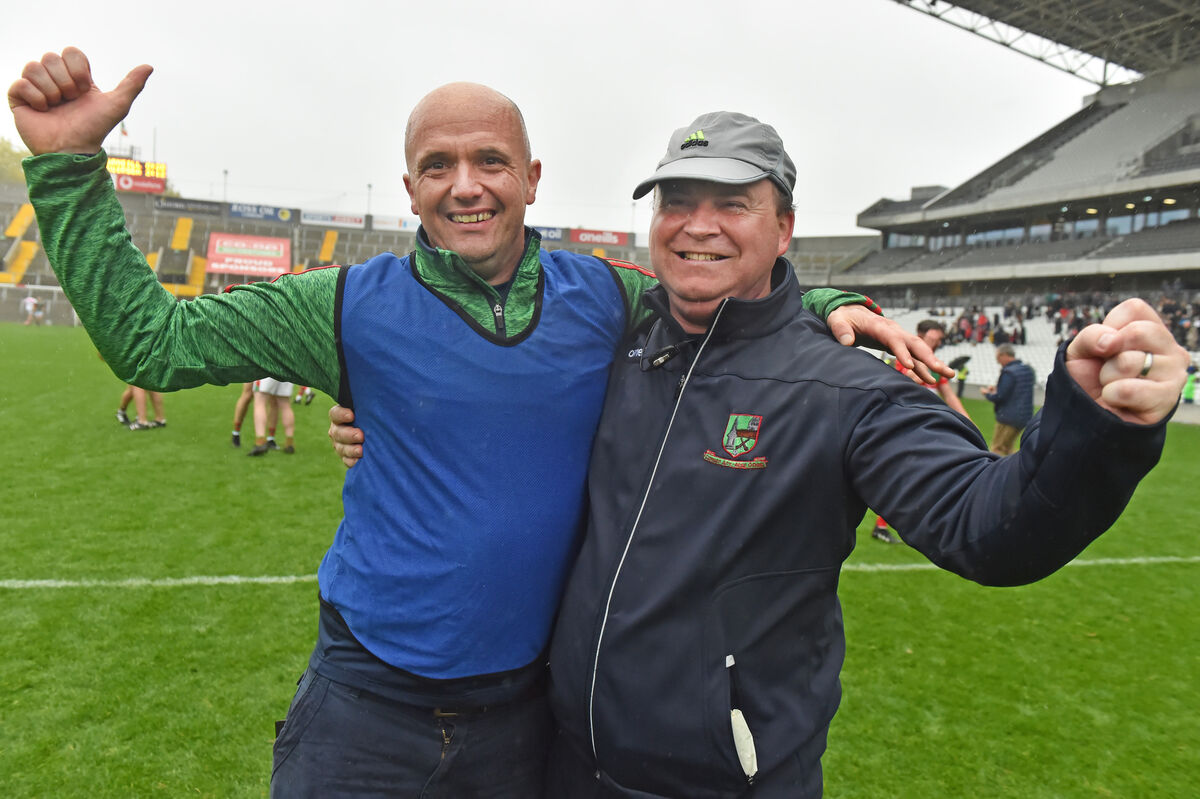 Fr O'Neill's joint managers Bryan Sweeney and Dave Colbert after defeating Courcey Rovers in the Co-op SuperStores Cork Senior A Hurling Championship final at Páirc Uí Chaoimh. Picture: Eddie O'Hare