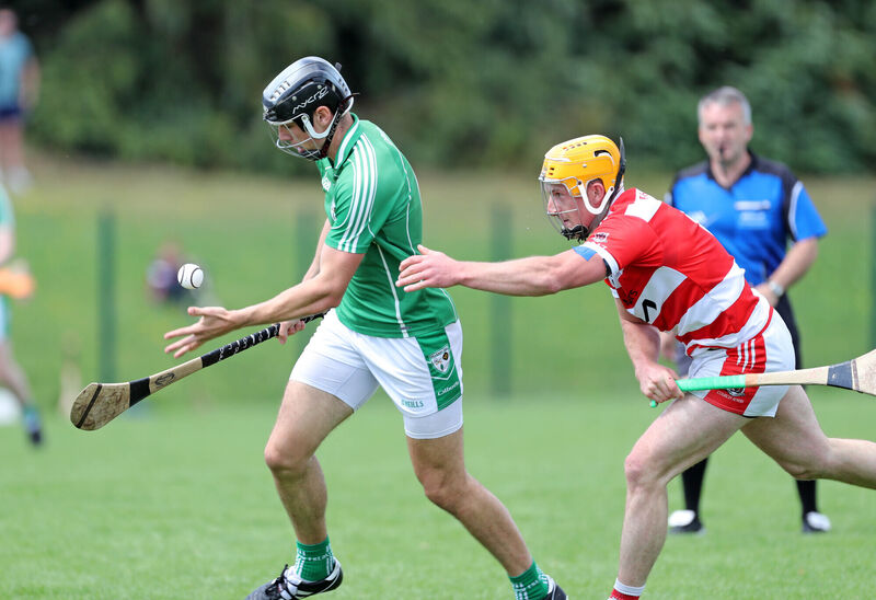 Fergus Lordan, Courcey Rovers, challenges Eoghan Keniry, Killeagh. Picture: Jim Coughlan. Fergus Lordan, Courcey Rovers, challenges Eoghan Keniry, Killeagh. Picture: Jim Coughlan.