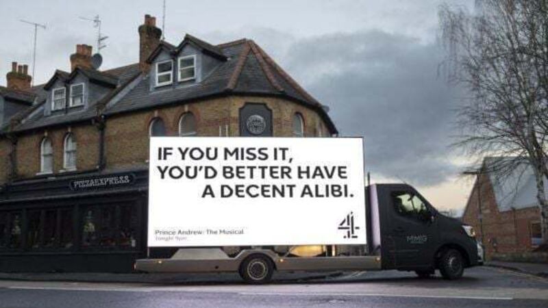 Channel 4 promotes Andrew musical with billboard outside Woking Pizza Express