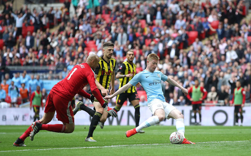 Manchester City's Kevin De Bruyne scores his side's third goal of the game during the FA Cup Final win at Wembley Stadium, London, May 18, 2019. Picture: Nick Potts/PA Wire