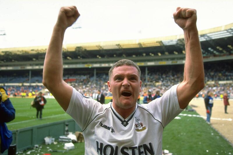  Tottenham Hotspur's  Paul Gascoigne celebrates their win after the FA Cup semi-final against Arsenal at Wembley Stadium in London. Picture: Simon Bruty/Allsport