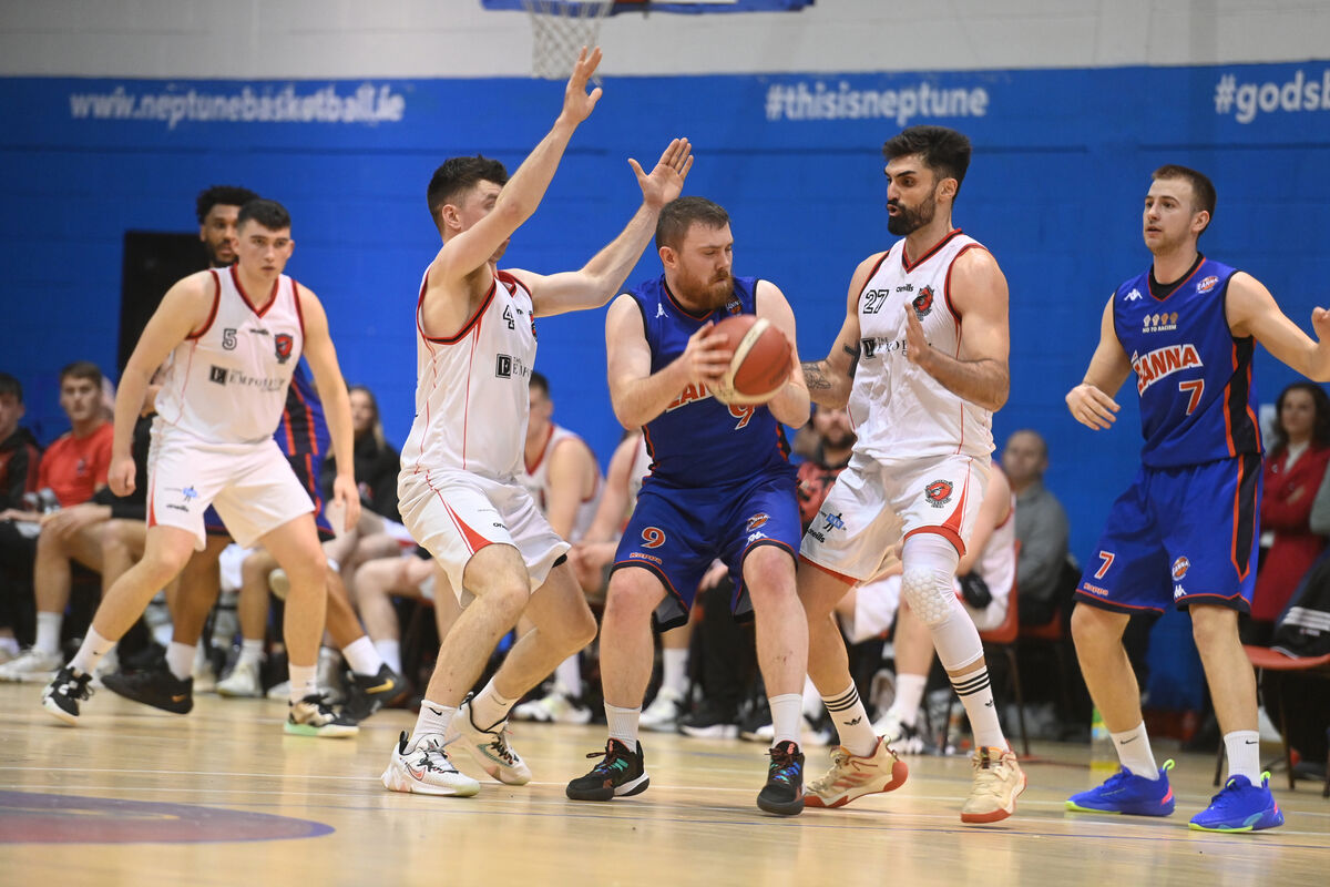 Adrian O'Sullivan and Jose Jimenez Gonzales of Emporium Cork Basketball in action against Neil Lynch, Eanna. Picture: Larry Cummins. Adrian O'Sullivan and Jose Jimenez Gonzales of Emporium Cork Basketball in action against Neil Lynch, Eanna. Picture: Larry Cummins.