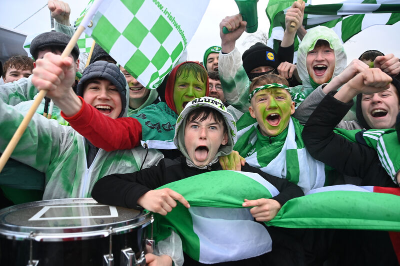 St Colman's supporters in high spirits despite the heavy rain in their Harty Cup quarter-final. Picture: Larry Cummins St Colman's supporters in high spirits despite the heavy rain in their Harty Cup quarter-final. Picture: Larry Cummins