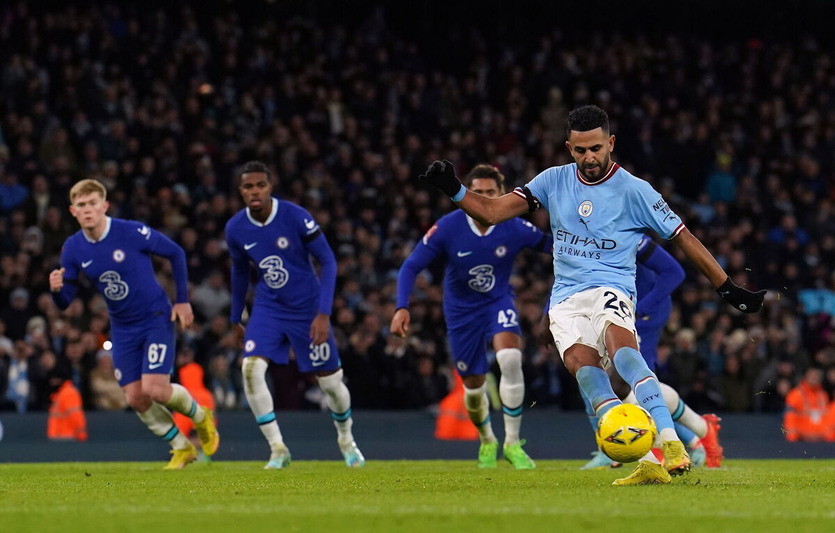 Manchester City's Riyad Mahrez scores their side's fourth goal of the game from the penalty spot during the Emirates FA Cup third round match at the Etihad Stadium, Manchester. Picture: Martin Rickett/PA Wire