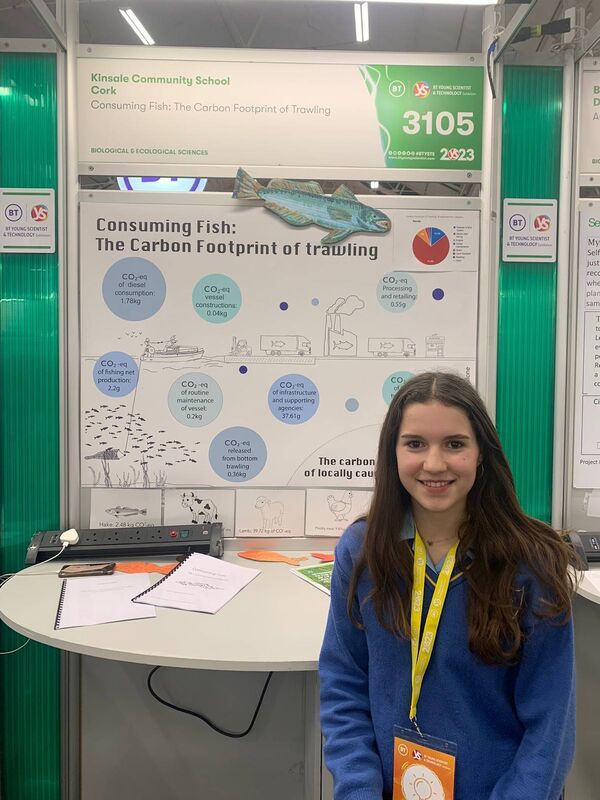 Elma Pallone from Kinsale Community School won first place for a junior individual for her project “Consuming Fish: The Carbon Footprint of Trawling”. Picture: Kinsale Community School Elma Pallone from Kinsale Community School won first place for a junior individual for her project “Consuming Fish: The Carbon Footprint of Trawling”. Picture: Kinsale Community School