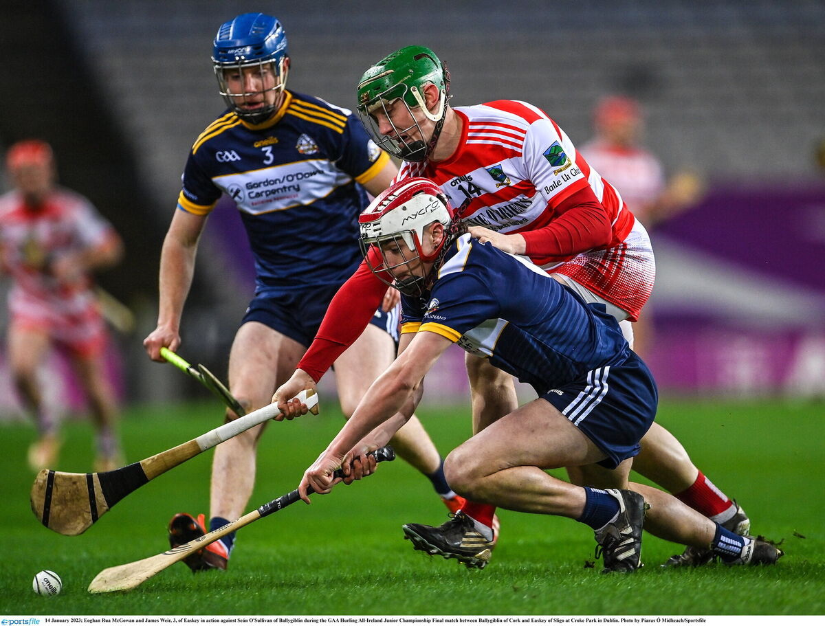 Ballygiblin's Seán O'Sullivan battles for possession against Easkey pair Eoghan Rua McGowan and James Weir. Picture: Piaras Ó Mídheach/Sportsfile Ballygiblin's Seán O'Sullivan battles for possession against Easkey pair Eoghan Rua McGowan and James Weir. Picture: Piaras Ó Mídheach/Sportsfile