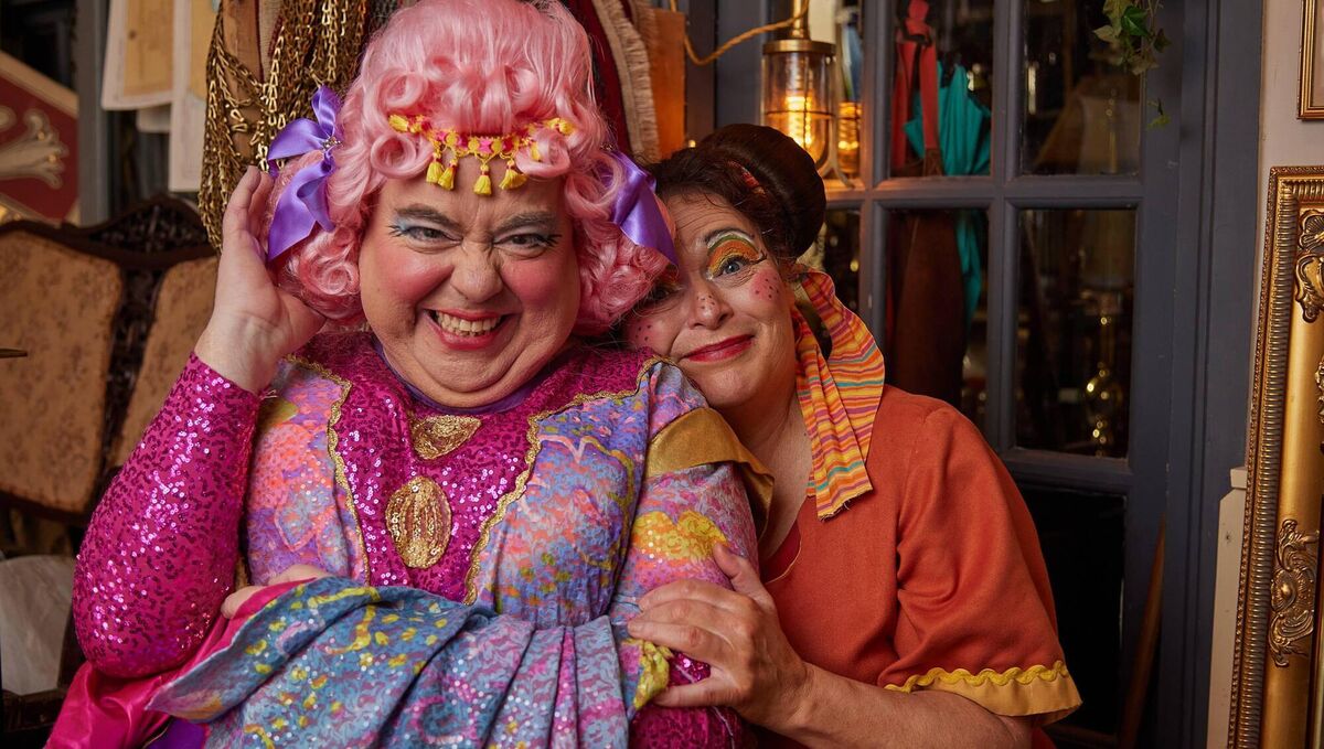 Ciaran Bermingham, left in Aladdin. He has played the dame in the Everyman panto for the past seven years.  Picture: Miki Barlok