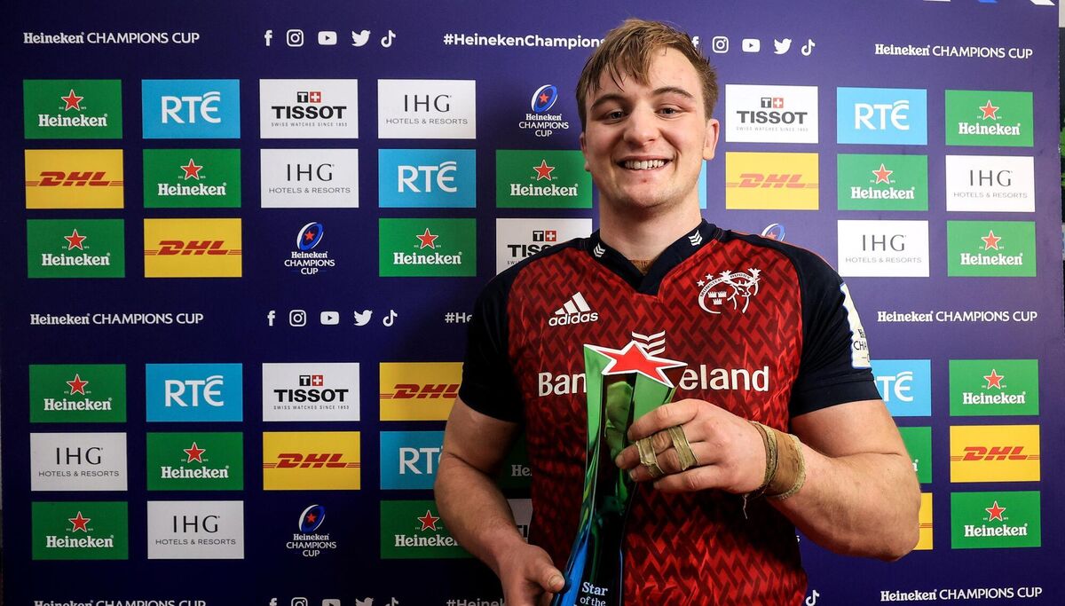 Munster’s Gavin Coombes with the Heineken Star of the Match award recently. Picture: INPHO/Dan Sheridan Munster’s Gavin Coombes with the Heineken Star of the Match award recently. Picture: INPHO/Dan Sheridan