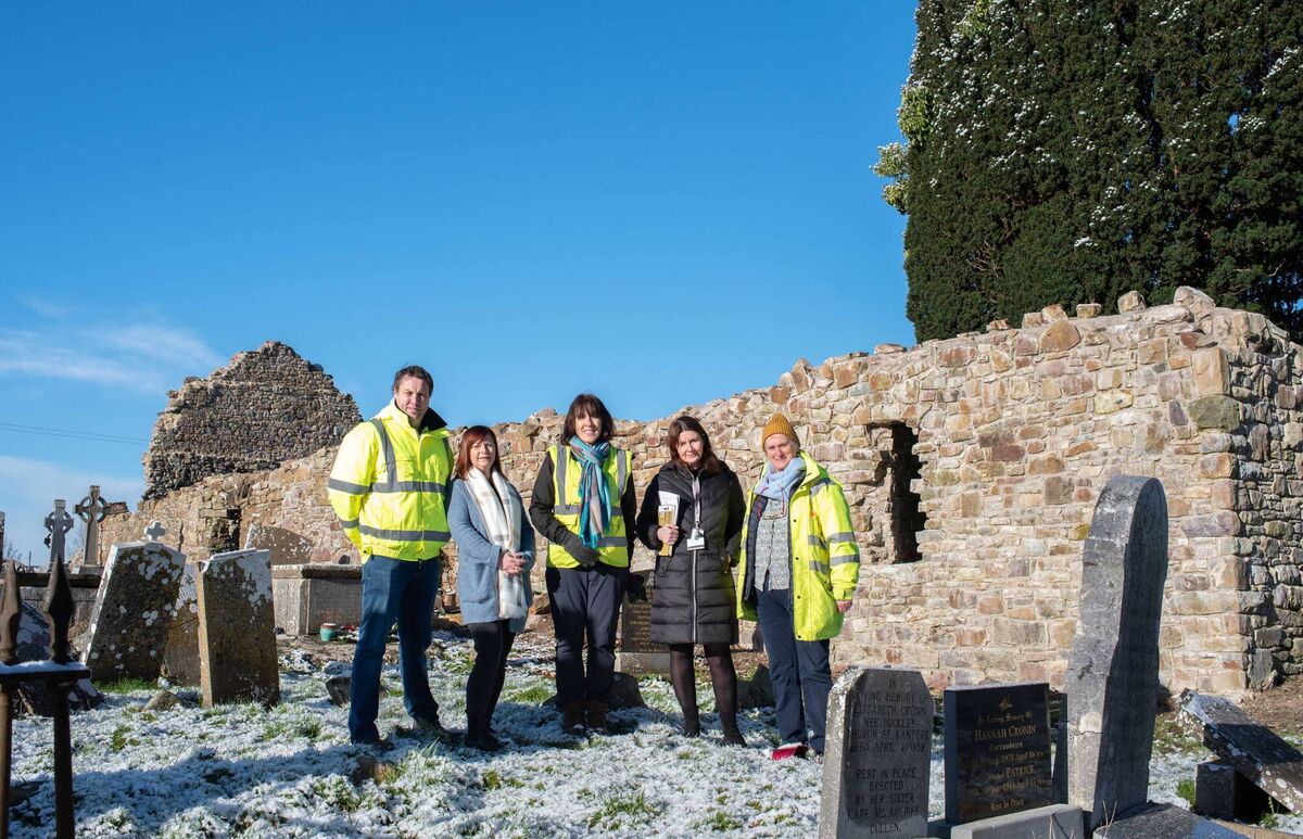 Pictured are Billy Dennehy, area engineer, Cork County Council; Diane Finucane, staff officer, municipal districts operations and rural development at Cork County Council; Ann Carey, archaeologist with National Monuments Service; Clare Barr, municipal district officer at Cork County Council and Mary Sleenan, archaeologist with Cork County Council reviewing the conservation works at Dromtarriff medieval church carried out by Cork County Council. The works were funded by the Department of Housing, Local Government and Heritage Community Monuments Fund. Photo: Sean Jefferies Photography. Pictured are Billy Dennehy, area engineer, Cork County Council; Diane Finucane, staff officer, municipal districts operations and rural development at Cork County Council; Ann Carey, archaeologist with National Monuments Service; Clare Barr, municipal district officer at Cork County Council and Mary Sleenan, archaeologist with Cork County Council reviewing the conservation works at Dromtarriff medieval church carried out by Cork County Council. The works were funded by the Department of Housing, Local Government and Heritage Community Monuments Fund. Photo: Sean Jefferies Photography.