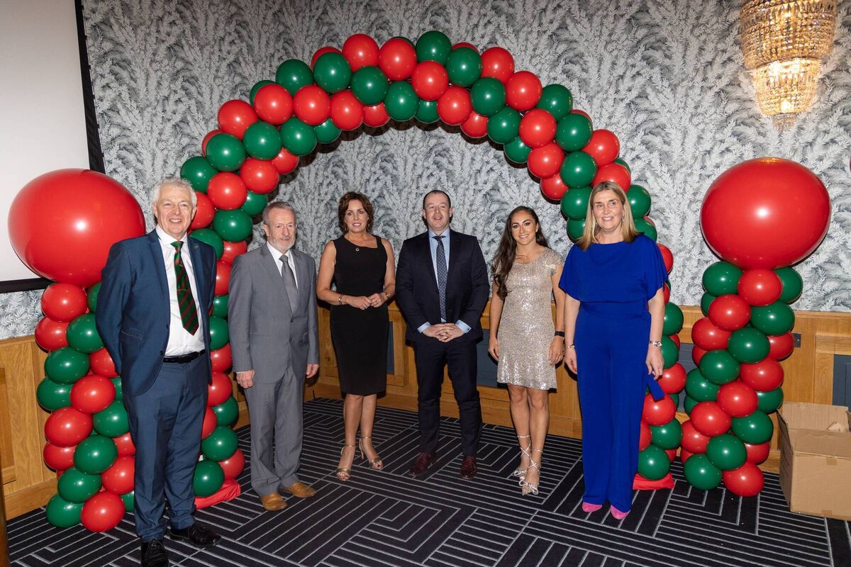 Dan O'Connor, chairman Fr O'Neill's, Séan Kelly, MEP, Avril Geary, chairperson East Cork GAA, Mark Sheehan, chairman Cork GAA, Amy O'Connor, Cork camogie captain, and Helen Finn, chair Fr O'Neill's camogie at the joint victory dinner at Garryvoe Hotel. Picture: Denis O'Flynn.