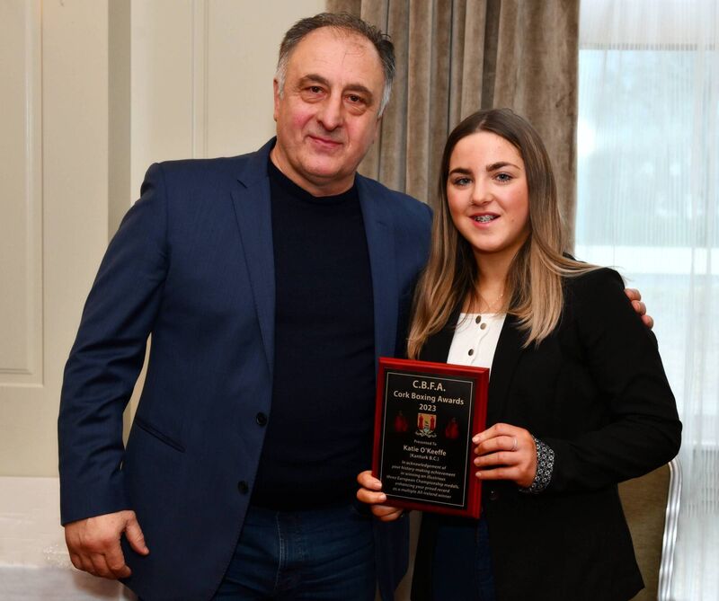 Zaur Antia presenting Katie O’Keeffe of Kanturk BC with an award in recognition of her achievements in boxing which includes three European medals as well as numerous Cork, Munster and Irish titles. . Picture: Doug Minihane