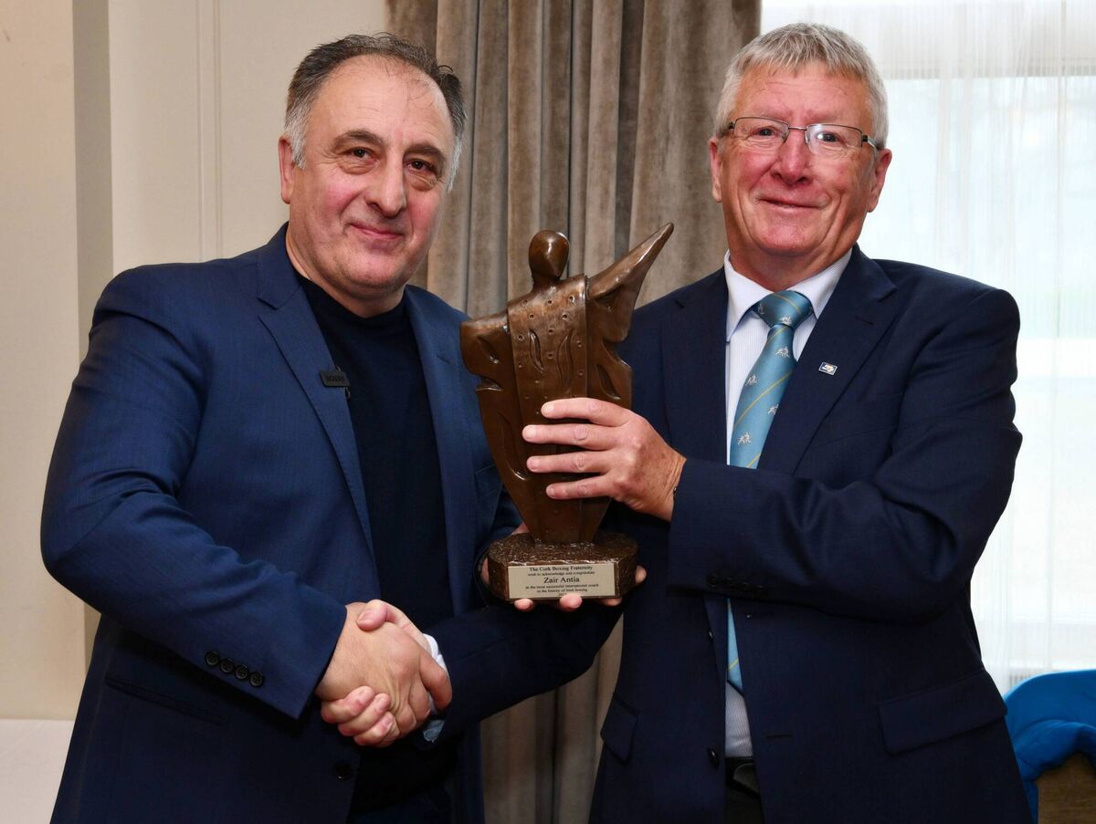 Dan O’Connell, the man responsible for bringing Zaur Antia to Ireland, makes a presentation to Zaur on behalf of all of the Cork Boxing Fraternity in recognition of his achievements during his time as Irish Boxing Coach for over 20 years. Picture: Doug Minihane. Dan O’Connell, the man responsible for bringing Zaur Antia to Ireland, makes a presentation to Zaur on behalf of all of the Cork Boxing Fraternity in recognition of his achievements during his time as Irish Boxing Coach for over 20 years. Picture: Doug Minihane.