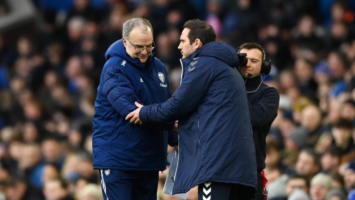 Back in February 2022, Marcelo Bielsa, then manager of Leeds United shakes hands with then Everton manager Frank Lampard, prior to their Premier League match at Goodison Park. Bielsa is among the favourites to replace Lampard at Everton now. Picture: Gareth Copley/Getty Images Back in February 2022, Marcelo Bielsa, then manager of Leeds United shakes hands with then Everton manager Frank Lampard, prior to their Premier League match at Goodison Park. Bielsa is among the favourites to replace Lampard at Everton now. Picture: Gareth Copley/Getty Images