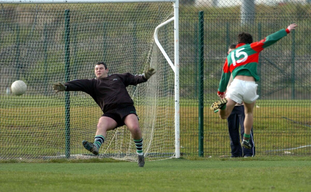 The late, great Padraig Griffin blasts the ball past Douglas goalkeeper Brian Boyle. Picture: Edde O'Hare The late, great Padraig Griffin blasts the ball past Douglas goalkeeper Brian Boyle. Picture: Edde O'Hare
