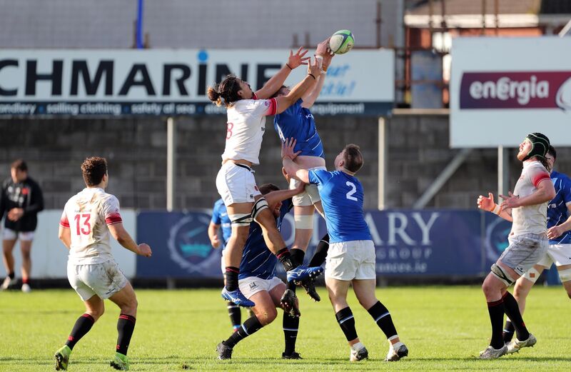Cork Constitution's Cathal O'Flaherty jumping for possession in a line-out against Trinity College at Temple Hill. Picture: Jim Coughlan.