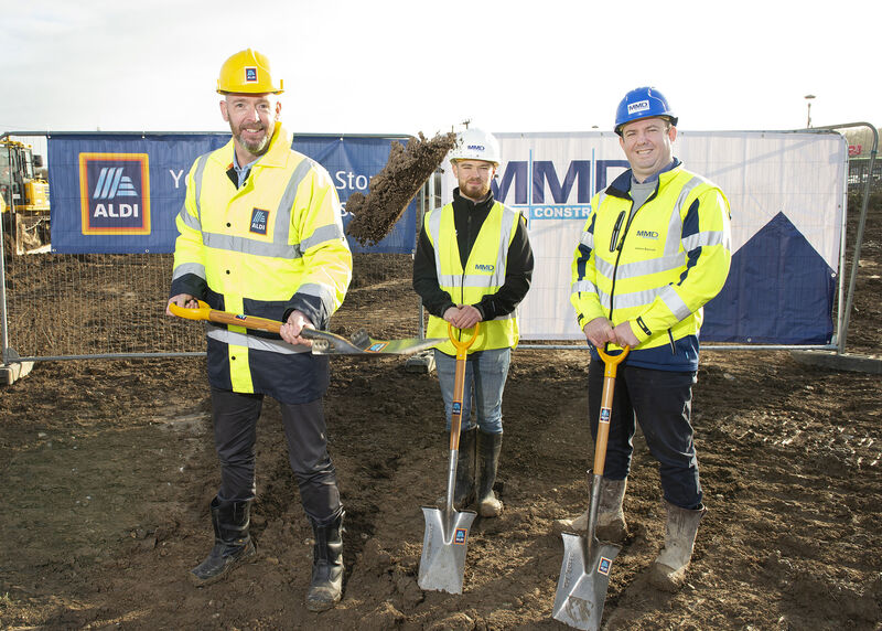 John Sweeney Property Director, ALDI Ireland, Jamie Lucy Site Manager MMD Construction and James Barrett Contract Manager, MMD Construction, Pictured at Carrigaline turning of the sod. Photography By Gerard McCarthy John Sweeney Property Director, ALDI Ireland, Jamie Lucy Site Manager MMD Construction and James Barrett Contract Manager, MMD Construction, Pictured at Carrigaline turning of the sod. Photography By Gerard McCarthy
