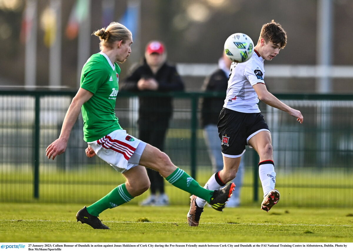Callum Bonnar of Dundalk in action against Jonas Hakkinen of Cork City. Picture: Ben McShane/Sportsfile
