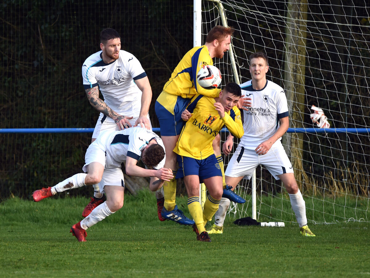 Avondale United's Kalen Spillane, Killian Cooper watched by Andrew Daunt tussle with Douglas Hall's James Kind and Gary Kelleher. Picture: Eddie O'Hare