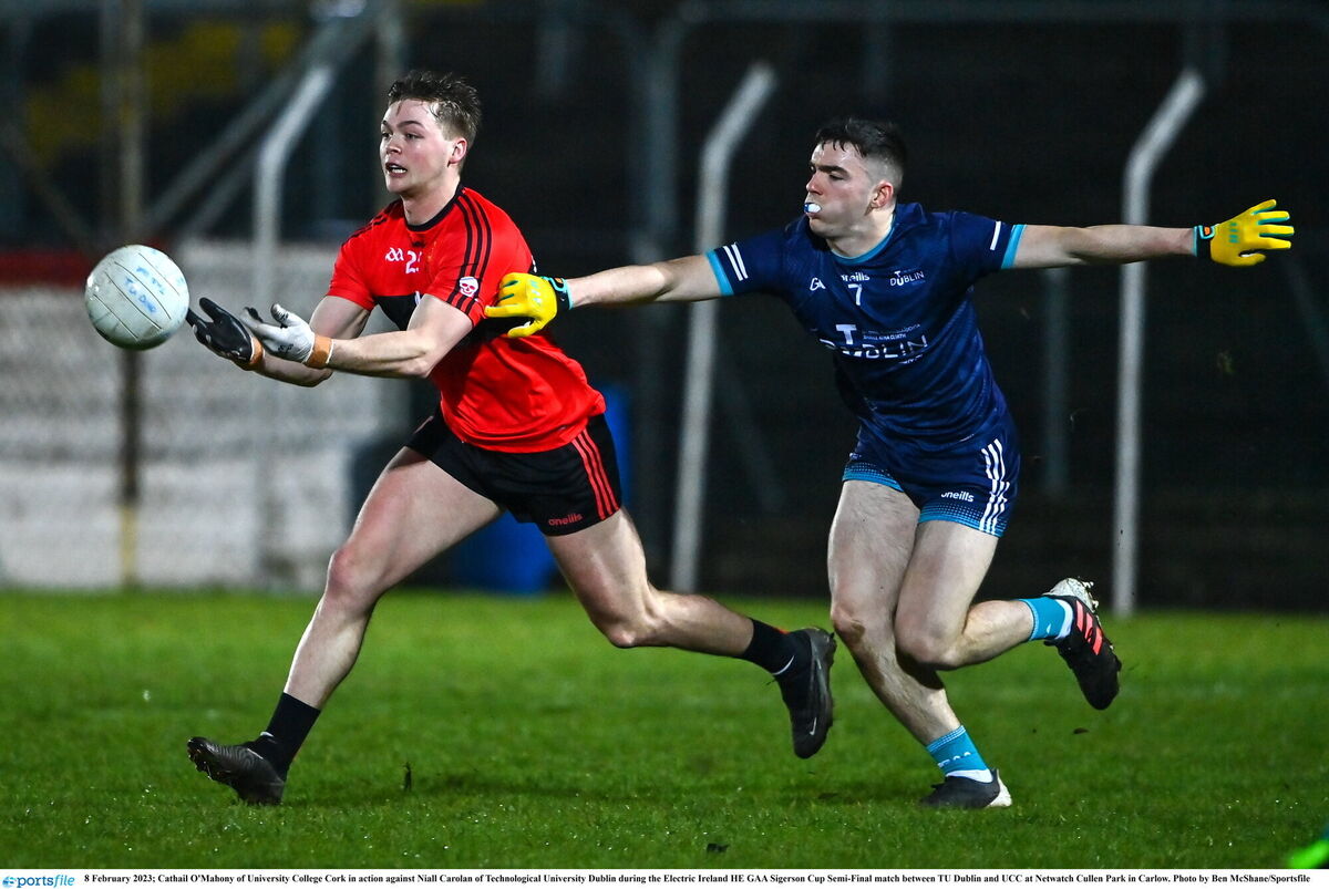 Cathail O'Mahony of University College Cork in action against Niall Carolan of TUD. Picture: Ben McShane/Sportsfile Cathail O'Mahony of University College Cork in action against Niall Carolan of TUD. Picture: Ben McShane/Sportsfile