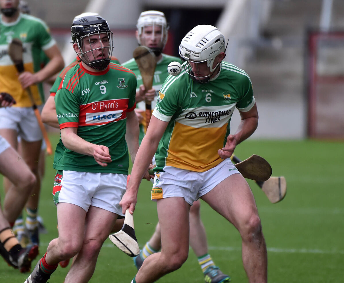 Eoin Roche of Bride Rovers (right) battles for possession against John Millerick from Fr O'Neills in the 2021 Co-op SuperStores Cork SAHC semi-final at Páirc Uí Chaoimh. Picture: Eddie O'Hare