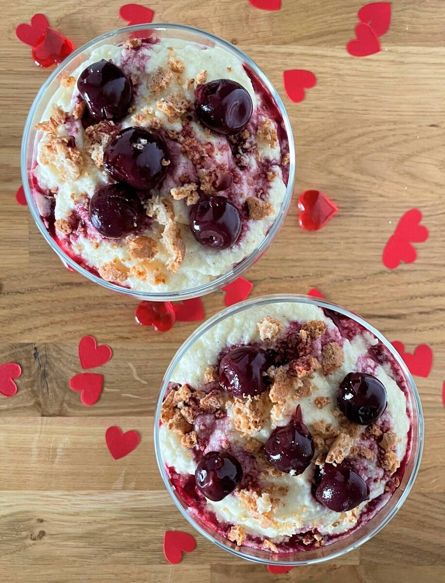 Milk Chocolate Mousse, Cherries, Amaretti Biscuit Crumb. Picture: Kate Ryan. See recipe below Milk Chocolate Mousse, Cherries, Amaretti Biscuit Crumb. Picture: Kate Ryan. See recipe below