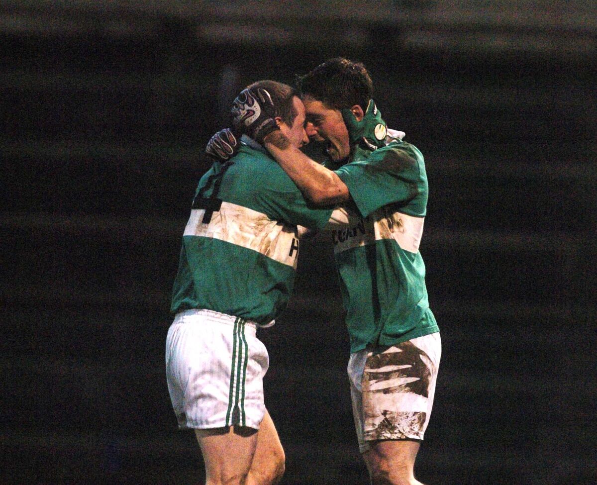 Aghabullogue's John Hogan (right) celebrates his goal with Sean Twomey. Picture: Eddie O'Hare