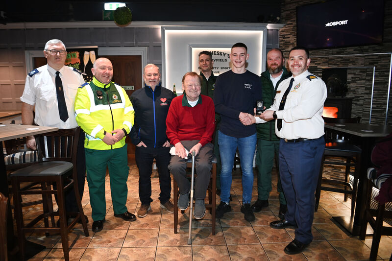  Ross Hennessy who is the first recipient of the National Ambulance Service Bravery medal after he saved the life of Tom McNamara who is pictured here with his daughter Helen. The award was presented at the Fob &amp; Gill bar in Mayfield, Cork where the campaign surrounding CPR for Valentine’s Day using the banner “Give a loved one the gift of life this Valentine’s Day and learn CPR” was launched. Also included are Victor Shine, Cork Fire Service, Fargal Linehan, Ambulance Service, Eric Donovan, community first responder, Paraic O'Neill, Paramedic, and Kevin Harold, Ambulance Service. Picture Dan Linehan