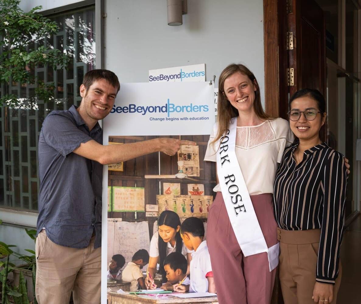Cork Rose Jenny Byrne with Colm Byrne of Dublin and Taing Im at the SeeBeyondBorders Ireland offices in Siem Reap.