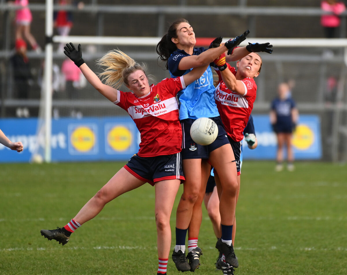 Cork's Daire Kiely and Sarah Leahy in action against Dublin's Eilish O'Dowd. Picture: Eddie O'Hare Cork's Daire Kiely and Sarah Leahy in action against Dublin's Eilish O'Dowd. Picture: Eddie O'Hare