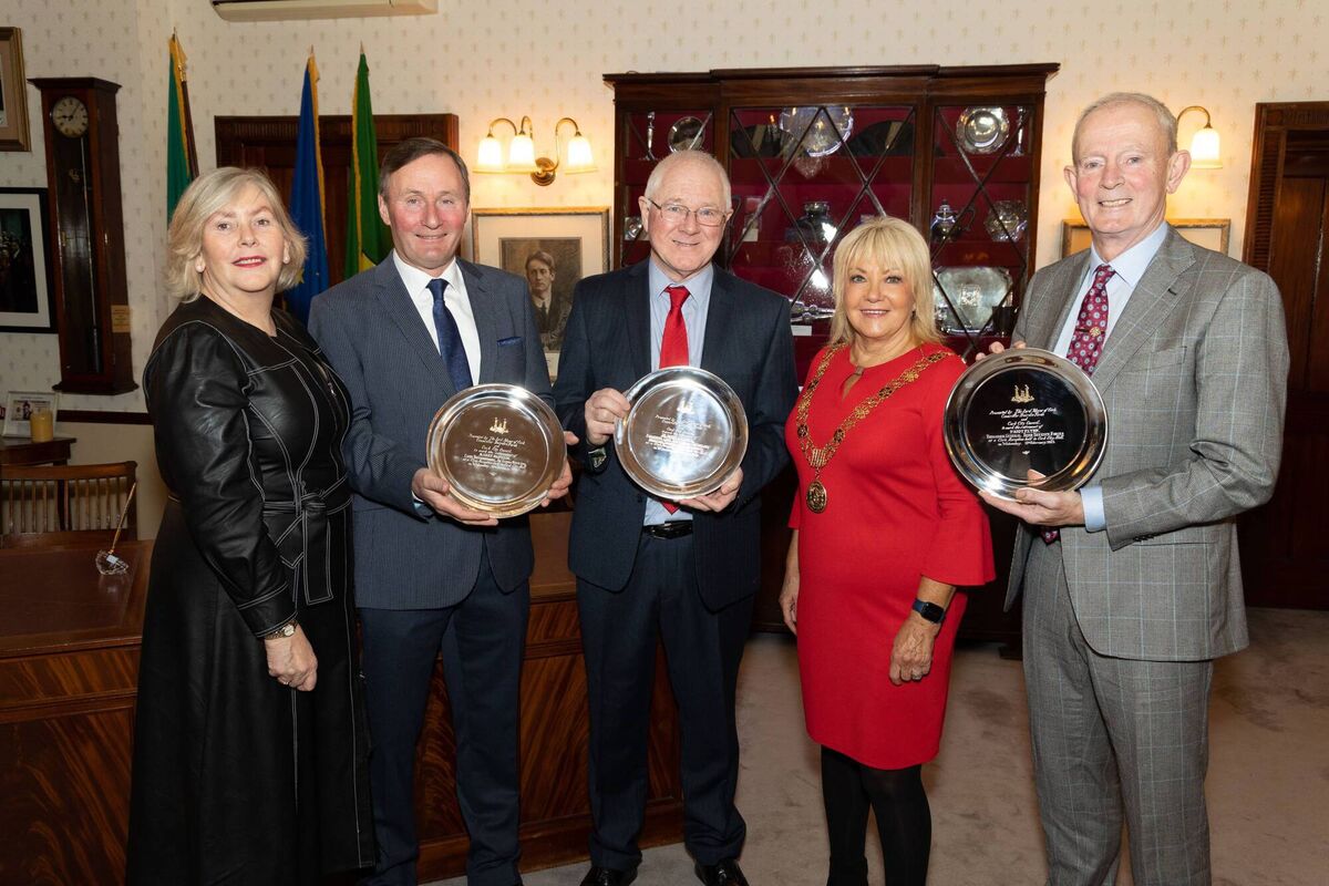 Ann Doherty, Chief Executive Cork City Council and Lord Mayor Cllr Deirdre Forde with former Chief Superintendent Barry McPolin, An Garda Síochána, President Emeritus of MTU Dr Barry O’Connor and former Brigadier General Patrick Flynn, Defence Forces at a civic reception in Cork City Hall, to mark their retirements and contribution to society. Photo Darragh Kane Ann Doherty, Chief Executive Cork City Council and Lord Mayor Cllr Deirdre Forde with former Chief Superintendent Barry McPolin, An Garda Síochána, President Emeritus of MTU Dr Barry O’Connor and former Brigadier General Patrick Flynn, Defence Forces at a civic reception in Cork City Hall, to mark their retirements and contribution to society. Photo Darragh Kane