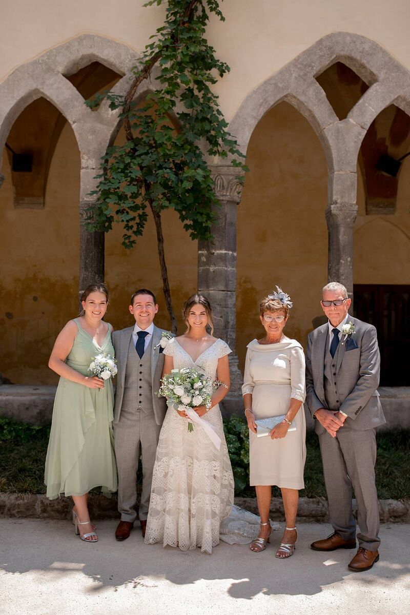 The bride and groom with Rebecca’s family, sister Jessica, mum Theresa and dad Maurice Casey.