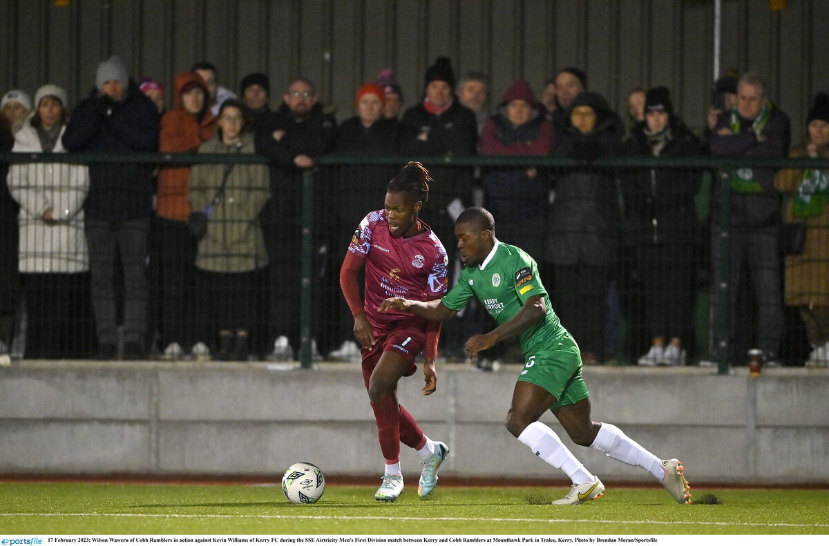 Wilson Waweru of Cobh Ramblers in action against Kevin Williams of Kerry FC. Picture: Brendan Moran/Sportsfile