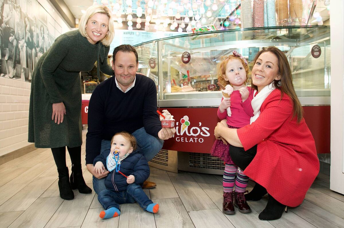 Anthony Murphy, Owner Ginos Gelato ,Oscar Morrisson 1, Faye Morrison aged three with mum Mary pictured in one of the countires 32 Gino’s Gelato stores, celebrating a successful Temple Street fundraising campaign by the Irish company.
