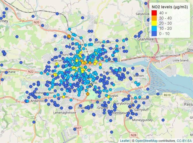 The map shows the N02 measurements gathered by Clean Air Together (Cork City) participants for approximately four weeks in October 2022. The map shows the N02 measurements gathered by Clean Air Together (Cork City) participants for approximately four weeks in October 2022.