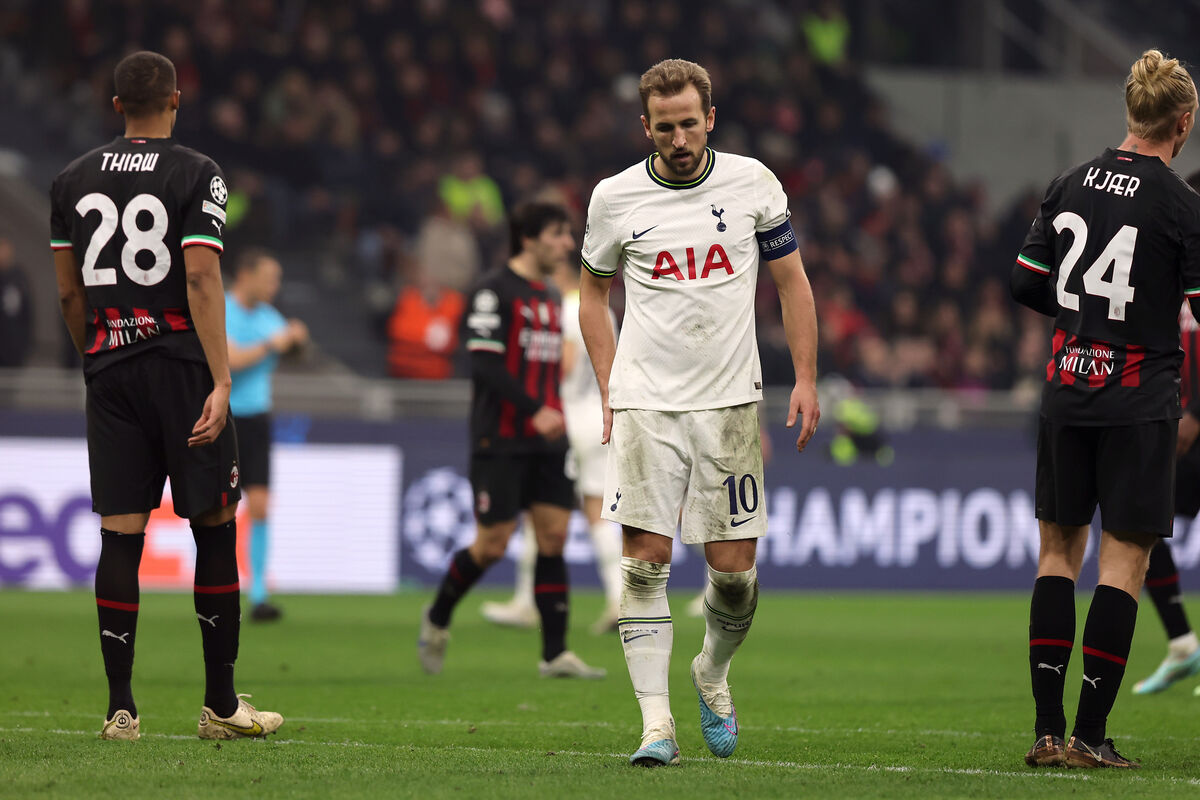 Tottenham Hotspur's Harry Kane reacts during the UEFA Champions League round of 16 first leg defeat to AC Milan at the San Siro Stadium.