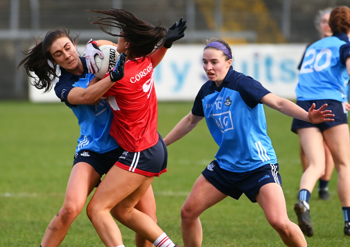 Cork's Erika O'Shea is tackled by Dublin's Eilish O'Dowd. Picture: Eddie O'Hare