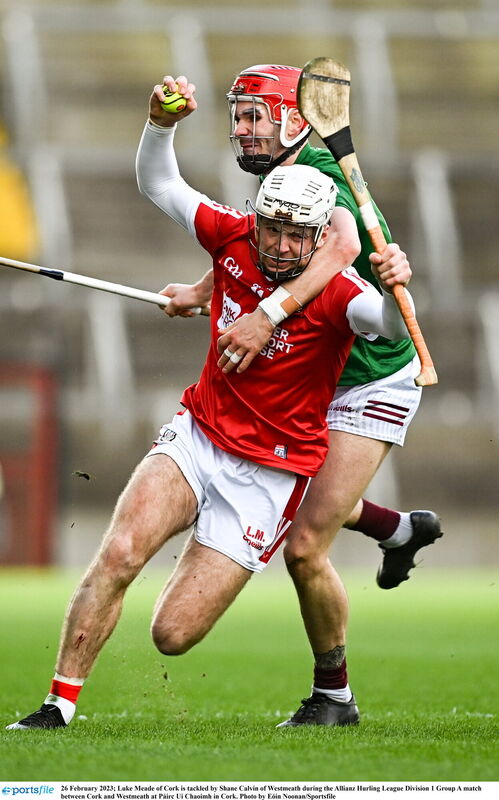 Luke Meade of Cork is tackled by Shane Calvin of Westmeath. Picture: Eóin Noonan/Sportsfile Luke Meade of Cork is tackled by Shane Calvin of Westmeath. Picture: Eóin Noonan/Sportsfile