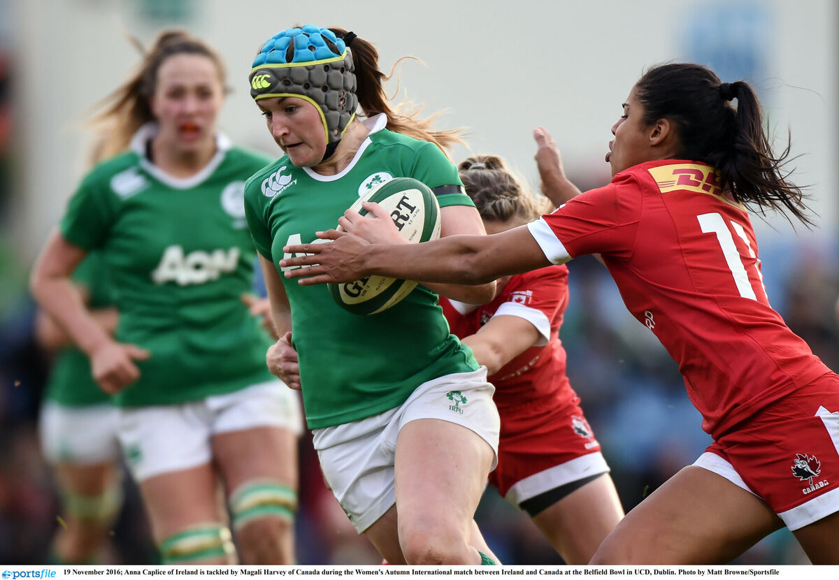 Anna Caplice of Ireland is tackled by Magali Harvey of Canada. Picture: Matt Browne/Sportsfile