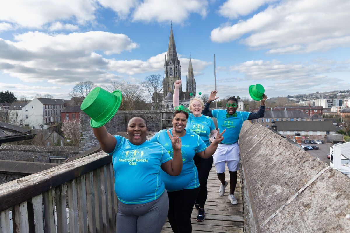 Sanctuary Runners Nomathemba Macala, Angela Flynn, Sharin Pillay and Esmeraldo Tavares pictured in Elizabeth Fort at the launch of the Cork St Patrick’s Festival. Photo: Darragh Kane
